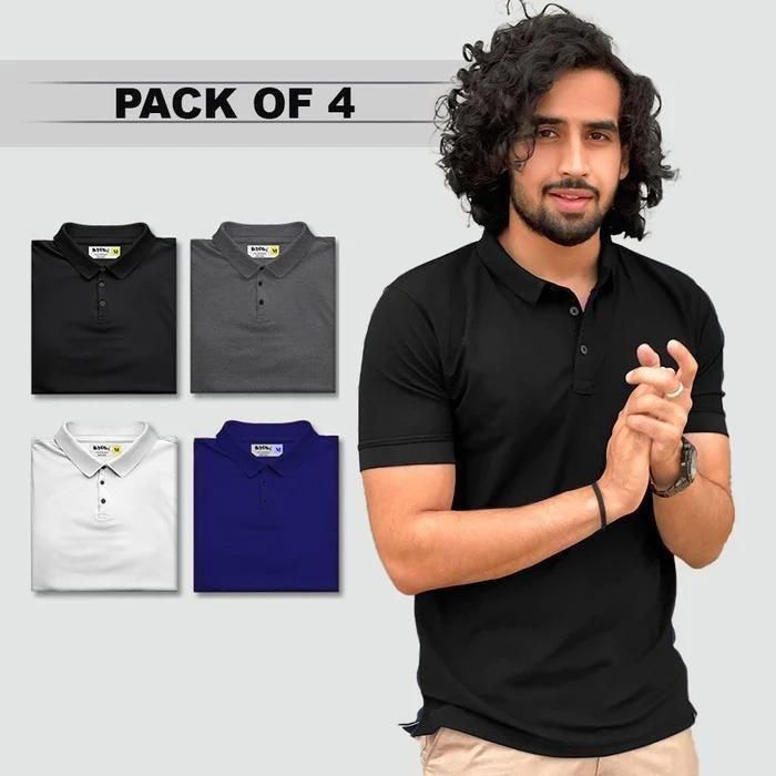 Poly Cotton Solid Half Sleeves Men's Polo T-Shirt (Pack of 4)