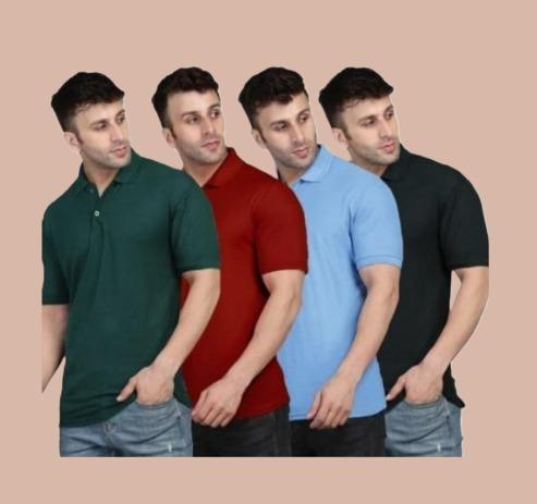 Cotton Solid Half Sleeves Men's Polo Neck T-Shirt Pack of 4